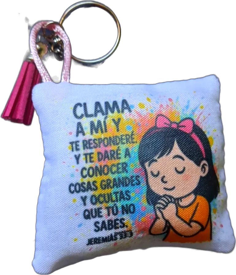 Llavero mini cojín con la frase Clama a mí y te responderé, Jeremías 33:3